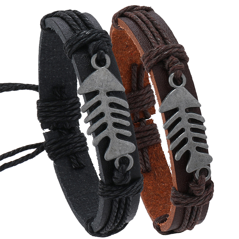 Men Accessories Pk - Trendy Retro deri dokuma kılçık bileklik