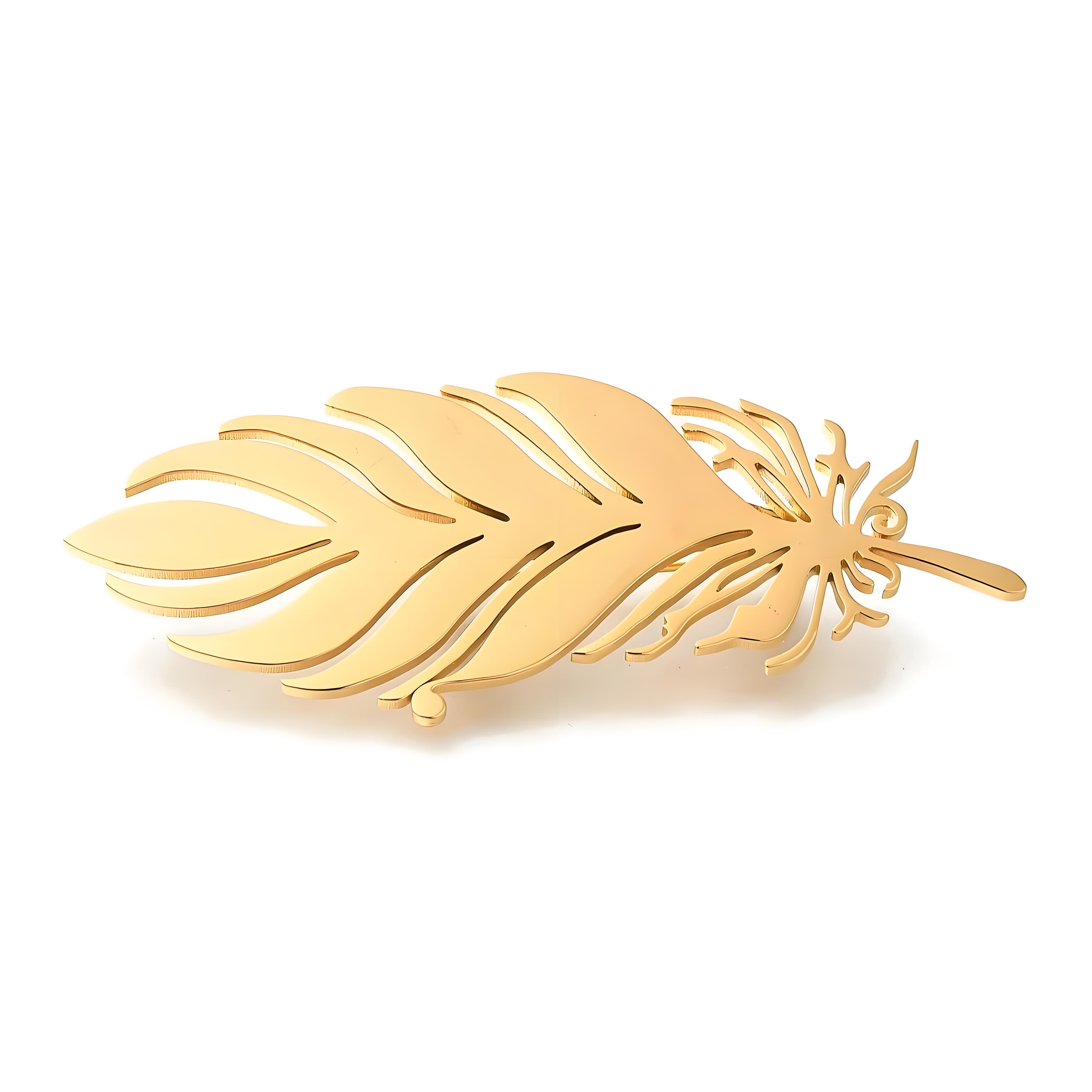 Men Accessories Brooch - Altın Kaplama Tüy Broş, Zarif Oymalı
